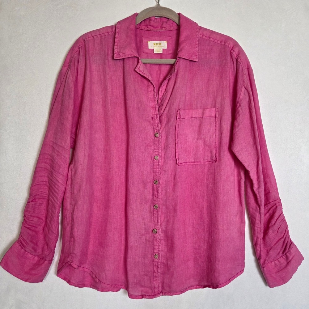 Maeve Anthropologie Pink Linen Ruched Sleeve Button Down Shirt Beach Vacation